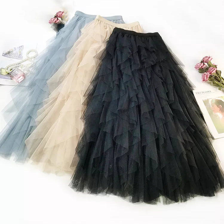 Fashion Tutu Tulle Skirt Women Long Maxi Skirt Spring Summer Korean Black Pink High Waist Pleated Skirt Female