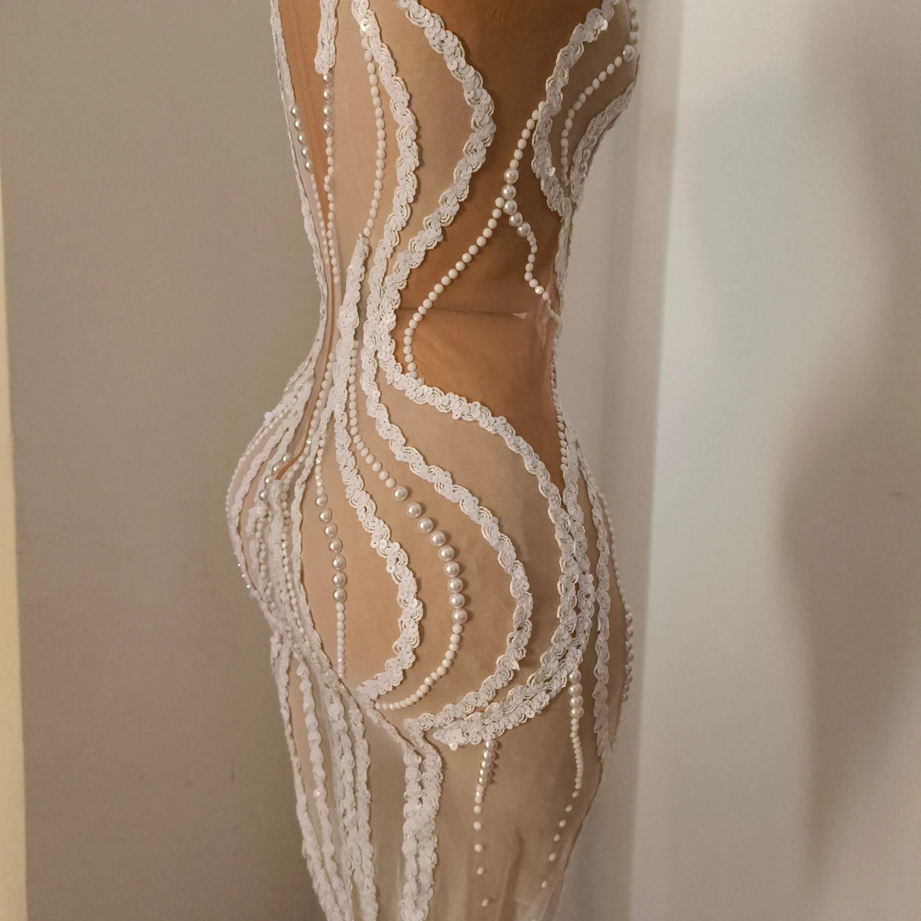 Refined White Sheer Mesh Maxi Dress Women Sexy High Neck Pearl Lace Bodycon Cocktail Nightclub Evening Gala Party Costume