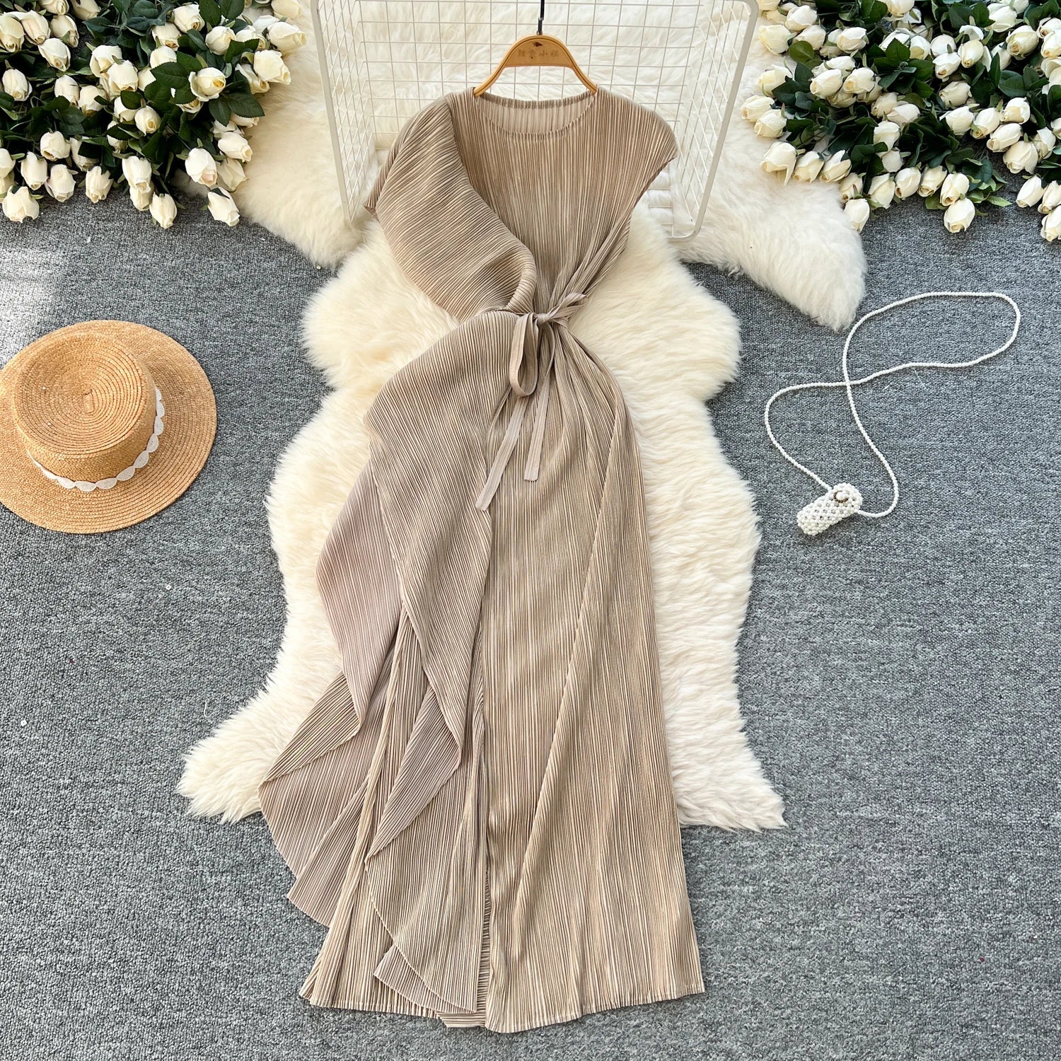 Chic asymmetrical sweet Spliced Elegant Korean Fashion Fairy Dresses Sexy High Waist A-line Vestidos Summer Women Vacation Apricot One Size