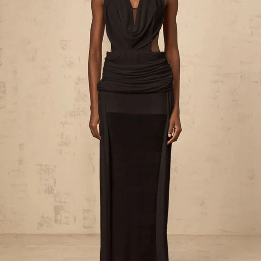 Solid Slimming Spliced Hollow Out Dresses for Women Halter Neck Sleeveless Patchwork Sheer Midi Dress Female New BLACK