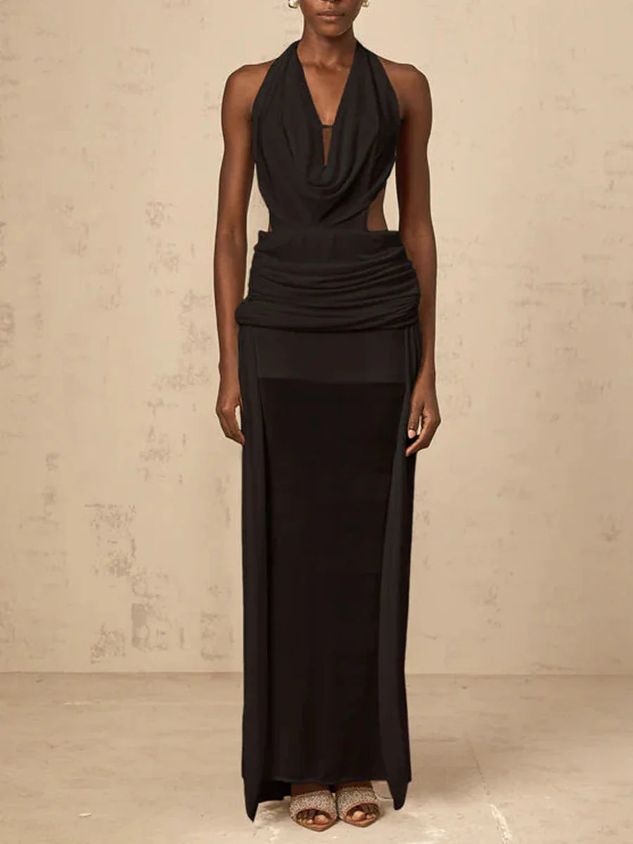 Solid Slimming Spliced Hollow Out Dresses for Women Halter Neck Sleeveless Patchwork Sheer Midi Dress Female New BLACK