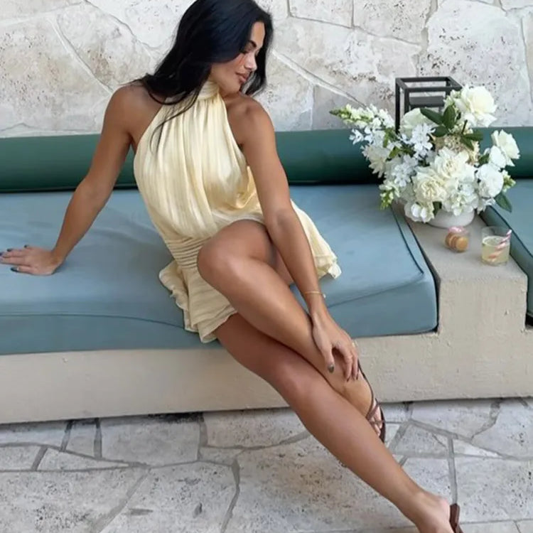 Summer Lady Gauze Lace Up Halter Short Dress Fashion Pleated Ruffles Hem Sleeveless Backless Mini Dresses Vocation Beach Robes