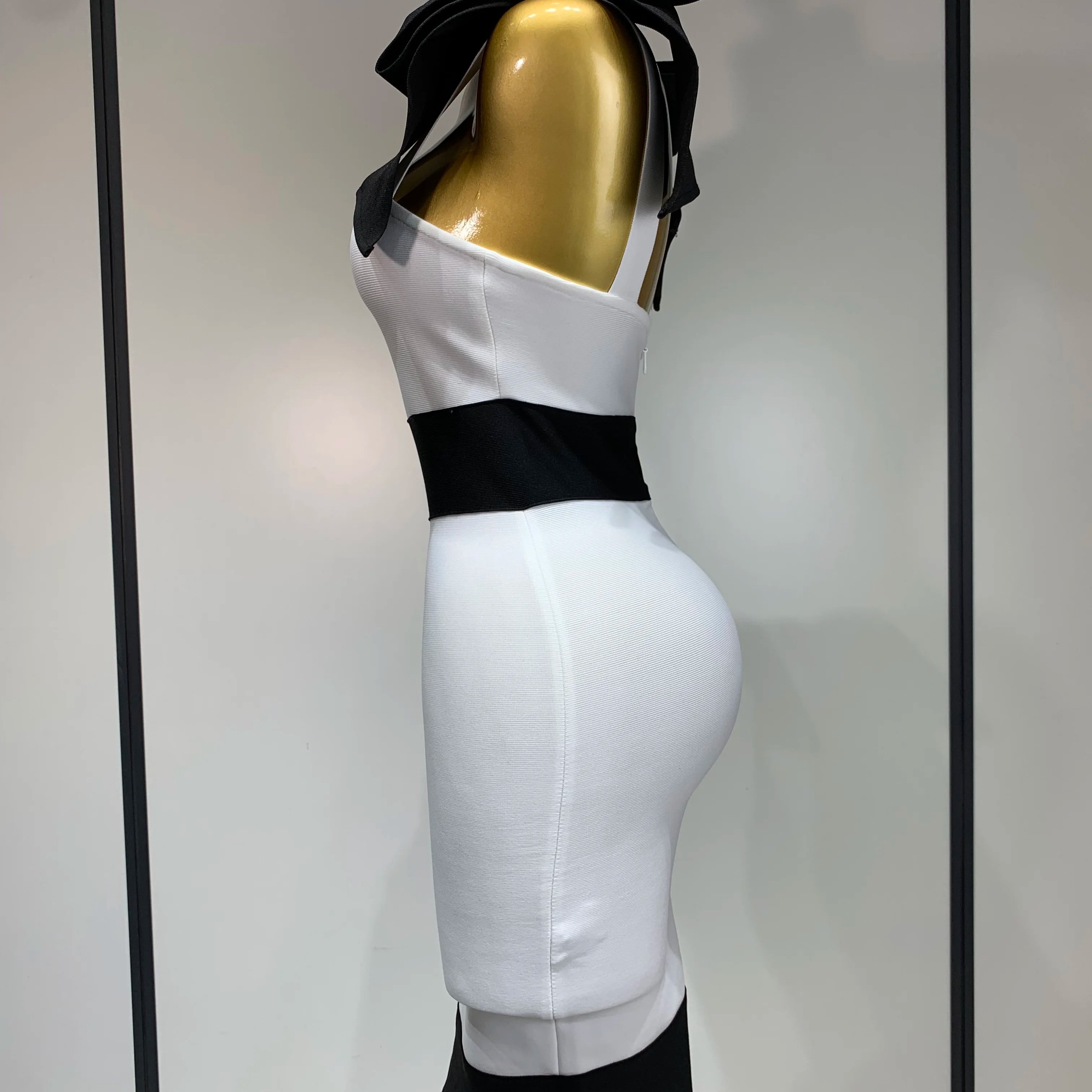 Women Sexy Bow Tie Black White Patchwork Bodycon Bandage Dress 2025 Celebrity Elegant Evening Club Party Birthday Dresses
