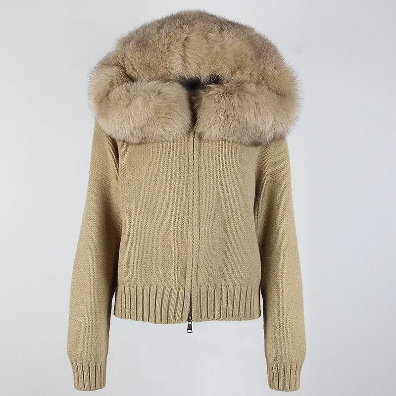 Coat Women Cardigan Natural Fox Fur Coat Women Real Mongolian Fur Knitwear Female Spring Autumn Hooded Knitted Fur Jacket Khaki fox One Size