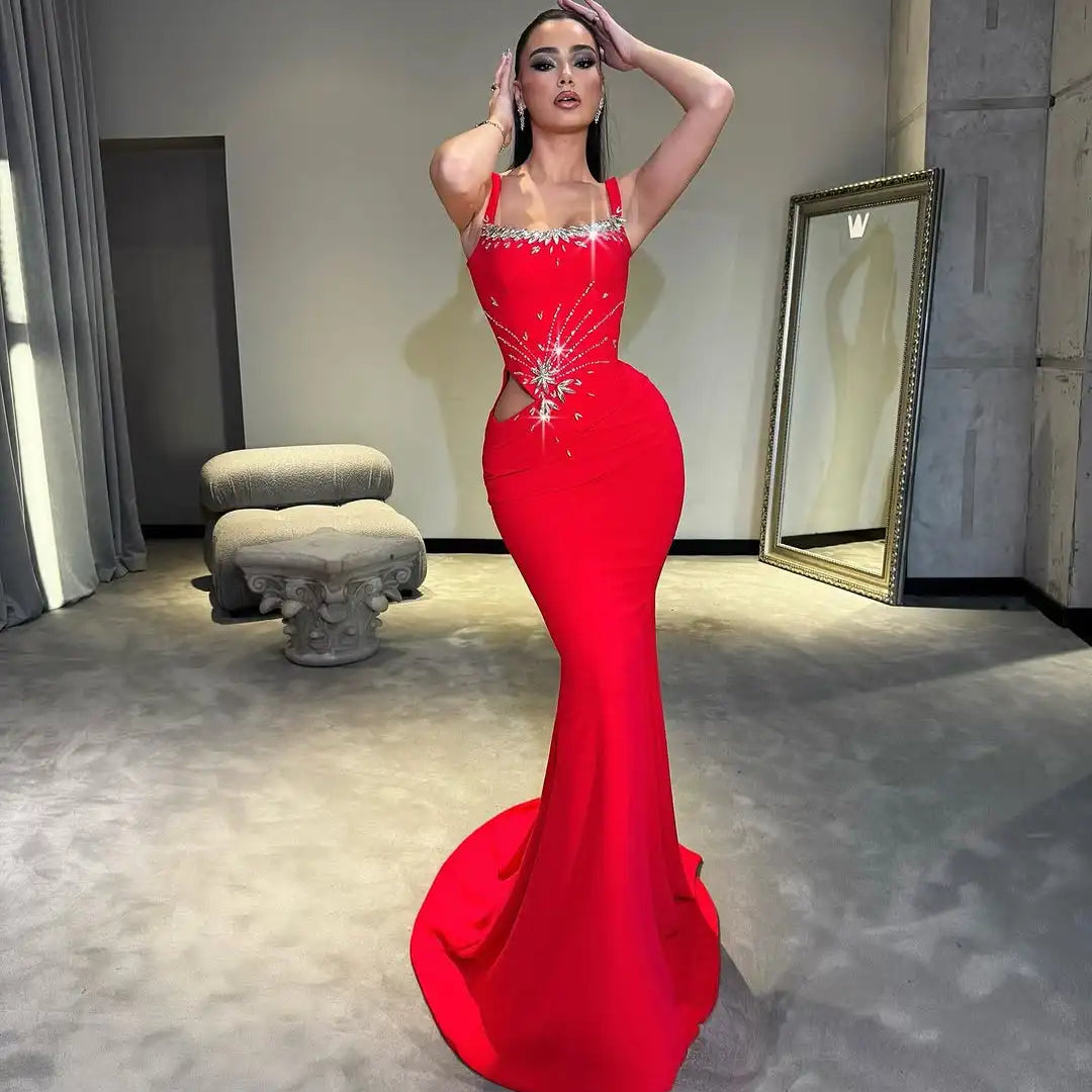 Red Color Women Sleeveless Sexy Square Collar Shinning Diamond Bodycon Long Bandage Dress Celebrate Evening Party Wedding Outfit Red