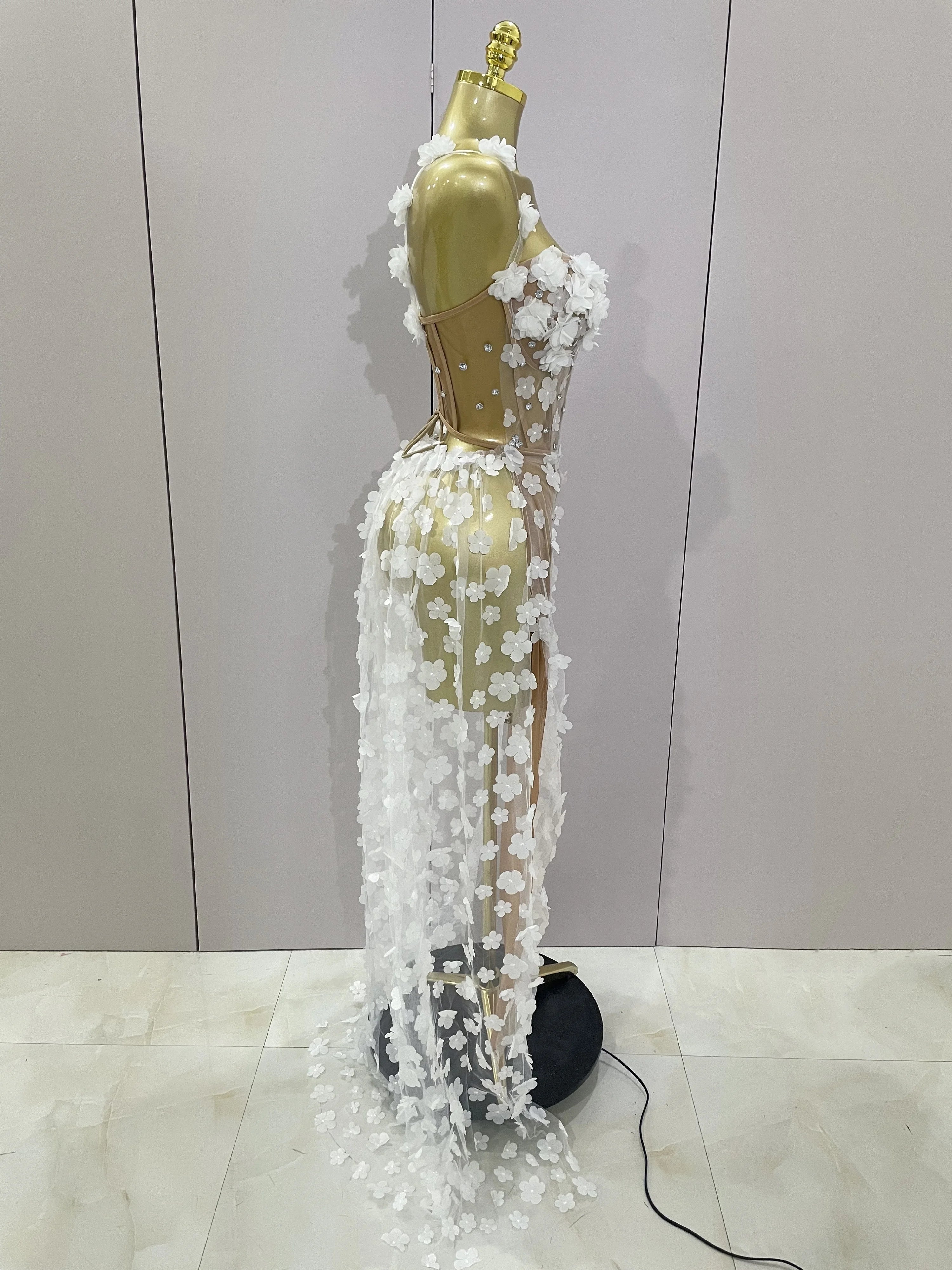 Sexy Mesh See Through Flowers Backless Long Dress 2025 Women Elegant Party Wedding Celebrate Evening Gown Prom Hotwife Outfit