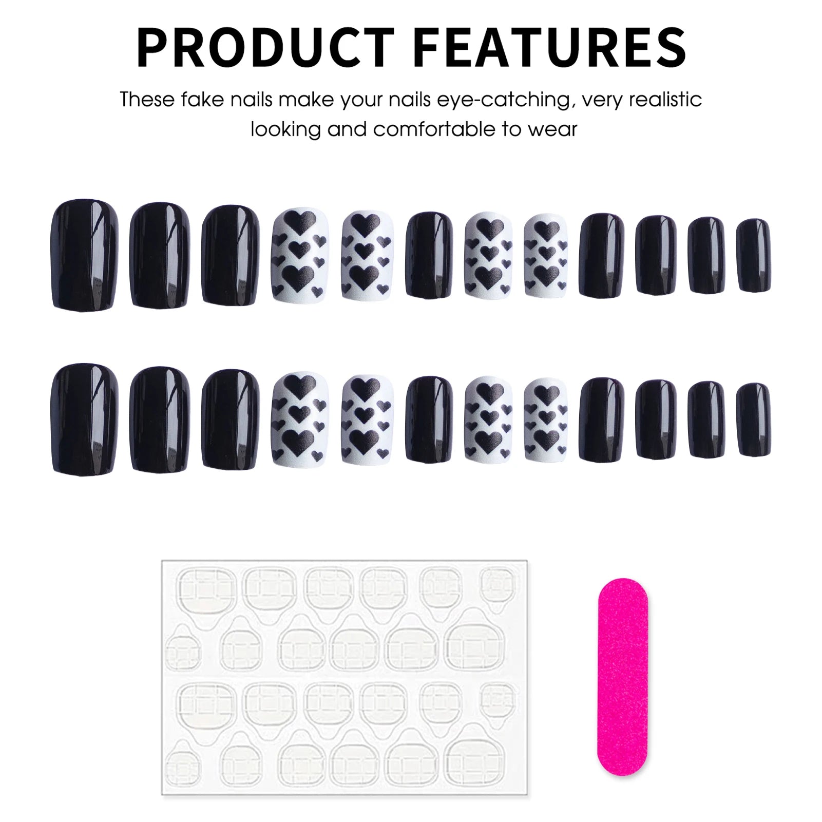 Black Short Square Fake Nails 24Pcs Full Cover Press On Nails Love Heart Printed Cool Girls Valentine's Day Charm Manicure