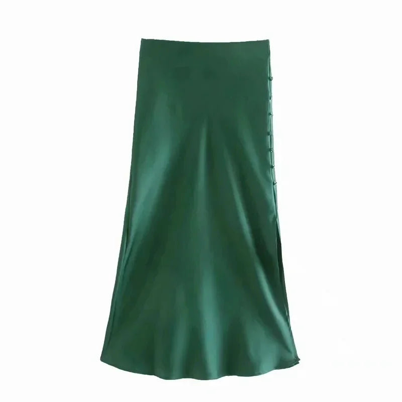 Foridol High Waist Button Slit Midi Satin Skirts Womens Autumn A-line Silk Elegant Skirt Bottoms Office Skirt Faldas Mujer green