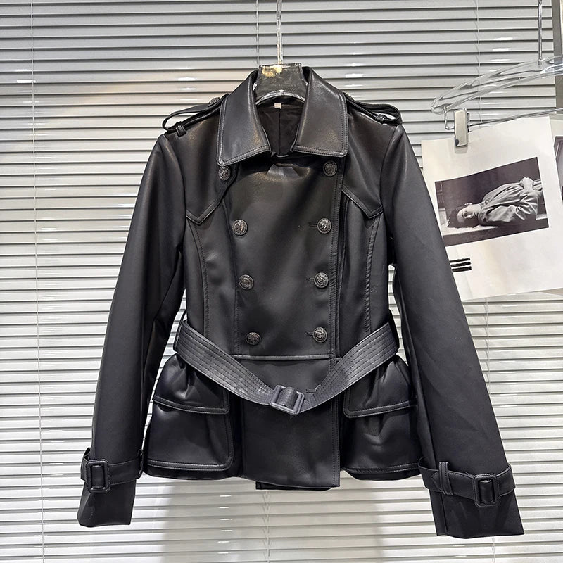 Winter New Fashion Style Double-Breasted Lace-Up Waist PU Leather Jacket For Women Elegant Windbreaker Female 11A07478 Black