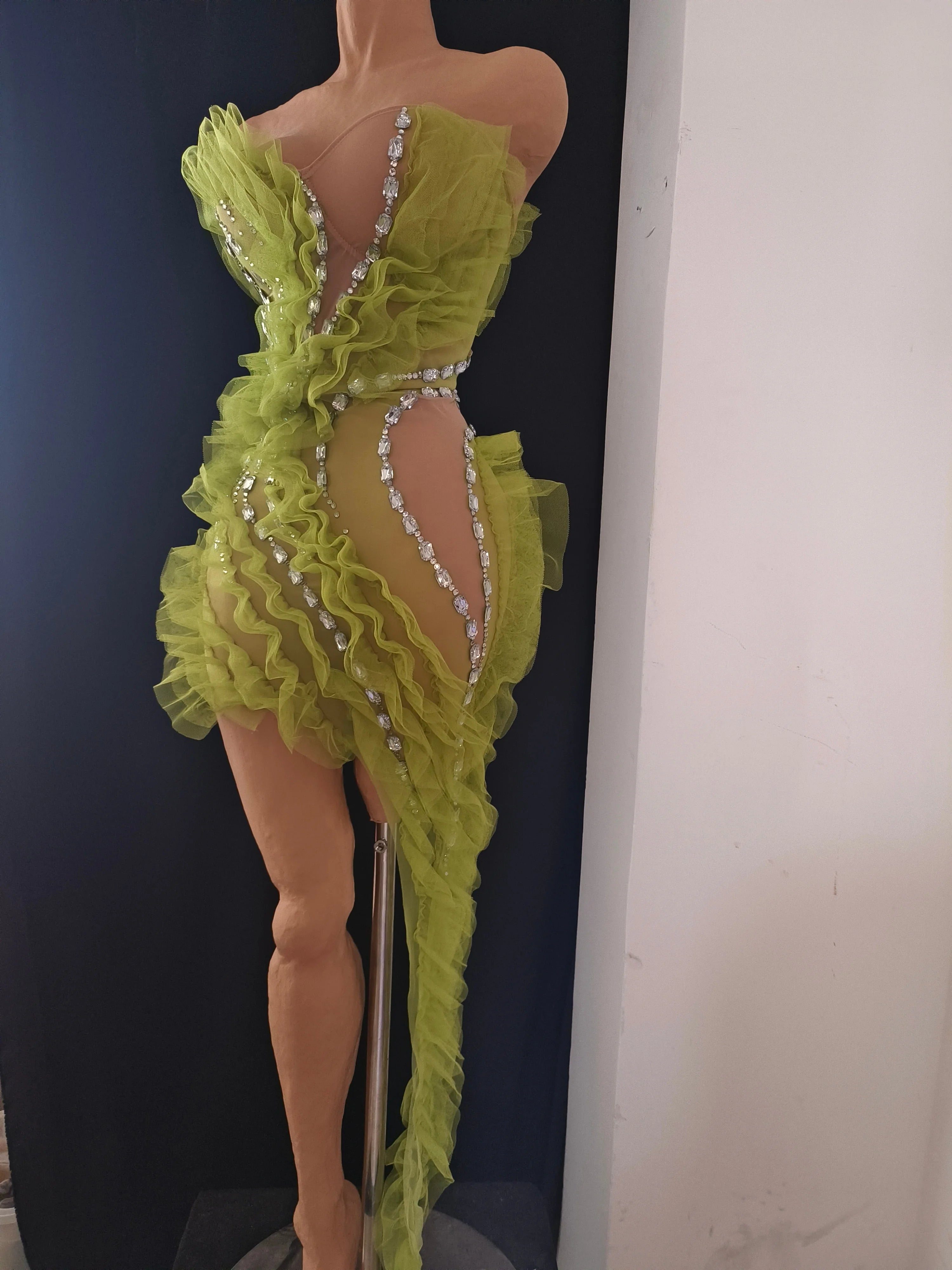 Sparkly Green Sheer Mesh Flowy Ruffle Crystal Rhinestone Dress Slim-fit Nightclub Party Stage Performance Clubwear Outfit