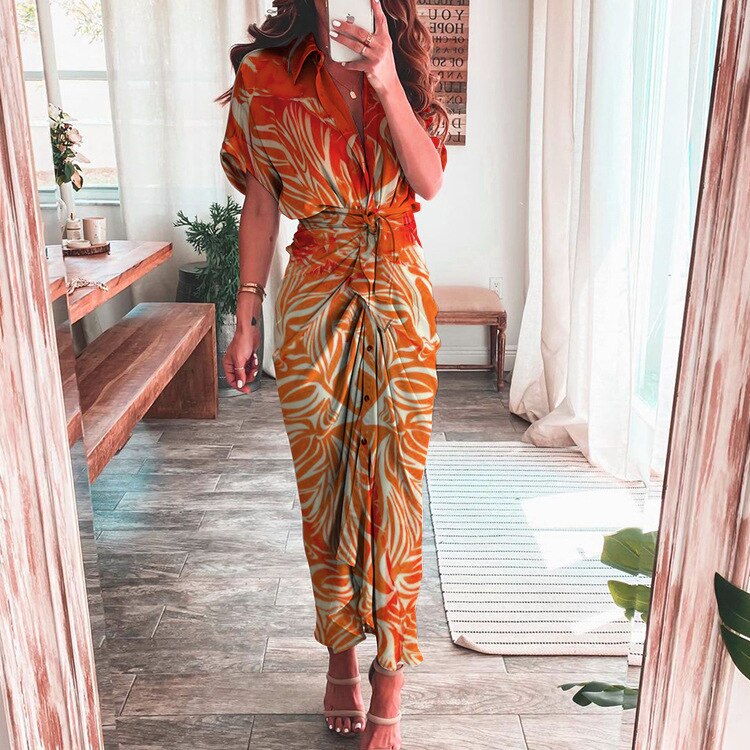 Women Sexy Bandage Shirt Dress Vintage Printed V Neck Ruched Long Dress Female Elegant Button Short Sleeve Beach Maxi Dress Robe Orange