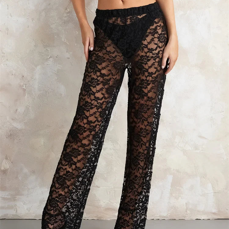 Women’s Sheer Lace Pants High Waist Wide Leg Flare Pants Bell-Bottoms Club Beach Sexy Trousers Streetwear