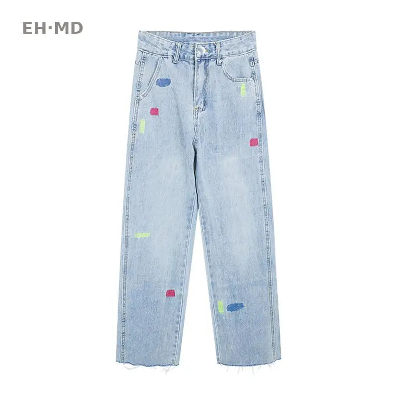 Light Blue Embroidered Jeans Women Summer Thin Chubby Girl High Waist Loose Slimming Straight Rouge Cropped Pants Stitching 2024