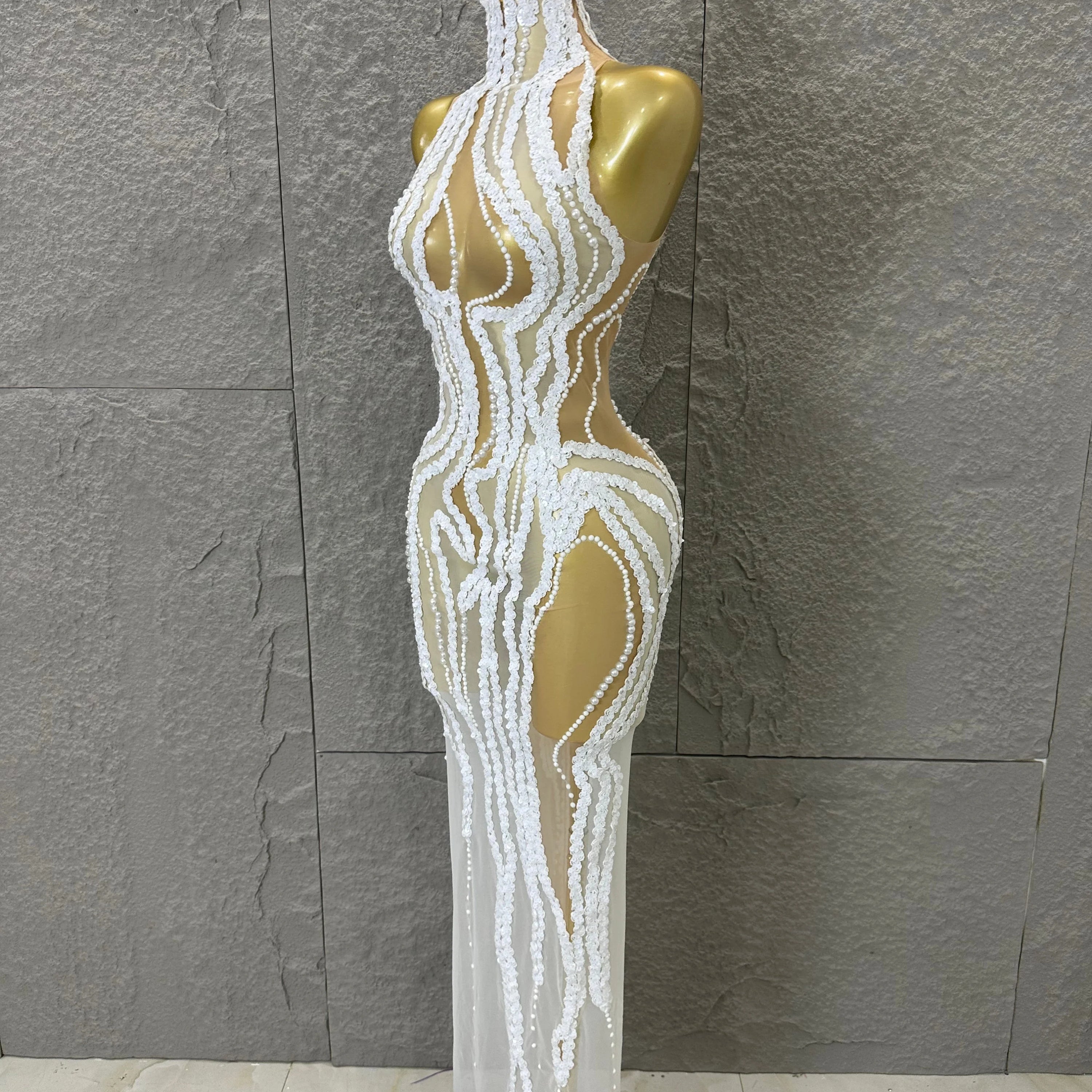 Sequined White Sheer Mesh Maxi Dress Women Sexy High Neck Pearl Lace Bodycon Cocktail Nightclub Evening Gala Party Costume