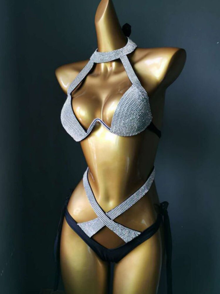 Swimwear Bikini Sets Swimsuit 2024 Summer Beach Shiny Crystal Rhinestone Padded Push Up Bikinis Set Outfits For Women Black 4