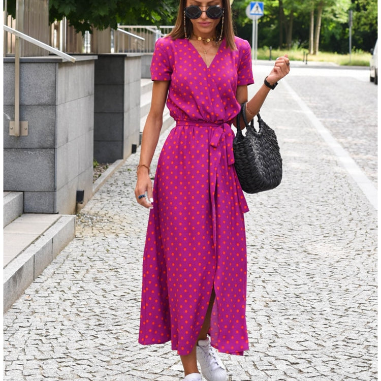 Women Casual Floral Print Dress Summer Elegant V-neck Short Sleeve Waist Lace Up Maxi Dresses Female Holiday Split Long Dress