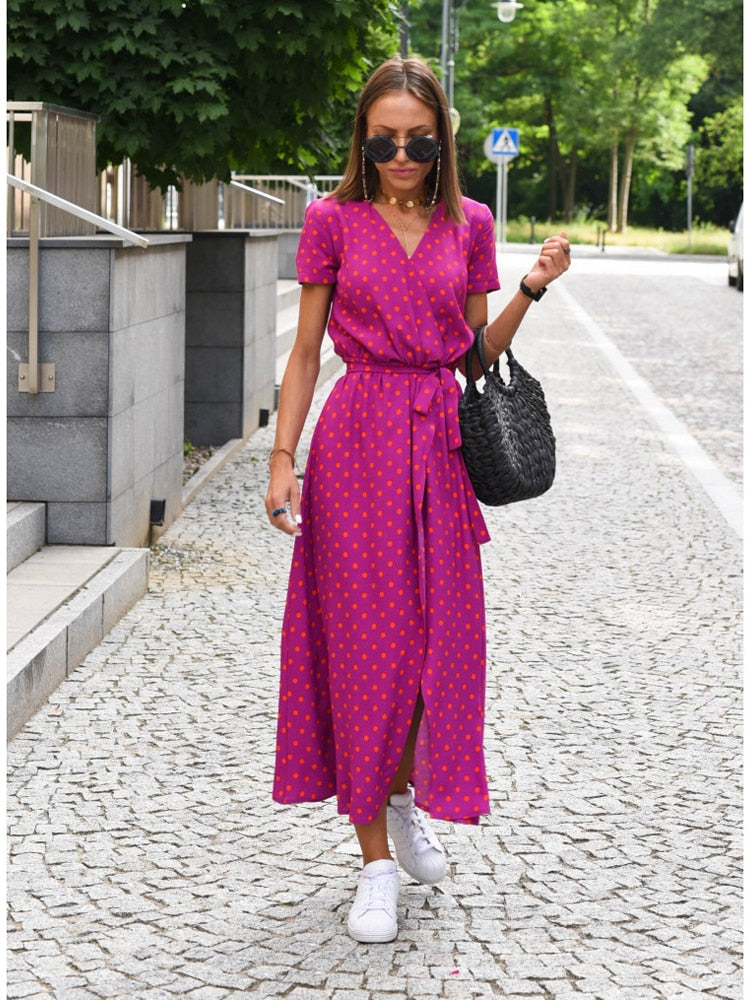 Women Casual Floral Print Dress Summer Elegant V-neck Short Sleeve Waist Lace Up Maxi Dresses Female Holiday Split Long Dress