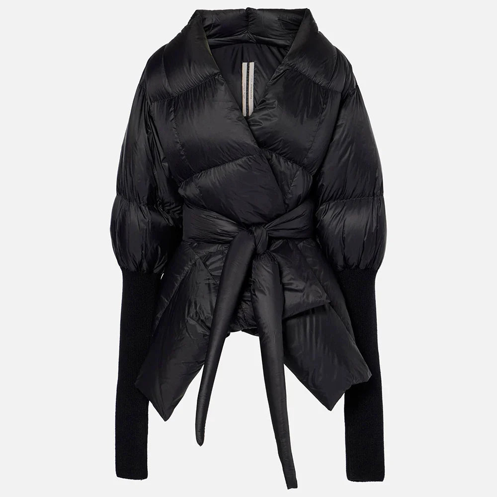 Solid Temperament Spliced Lace Up Coat for Women V Neck Long Sleeves Tunic Warm Cotton Coats Female Clothing New