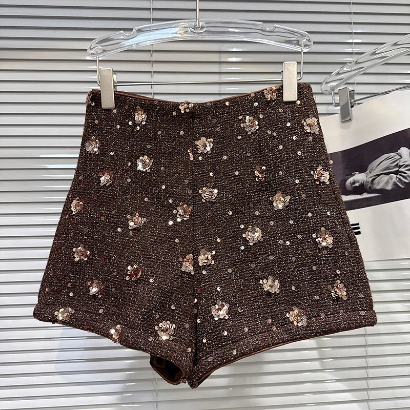 Winter New Fashion Sequin Flower Embroidery Tweed Short Pants For Women High Waist Wide-leg Shorts Female 11A07658 Brown
