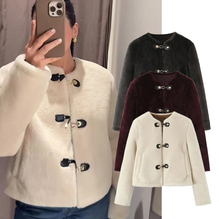 Street Women Causal Faux Fur Jackets 2025 Autumn Winter Fashion O-neck Single Breasted Loose Coats Vintage Warm Chic Outwear