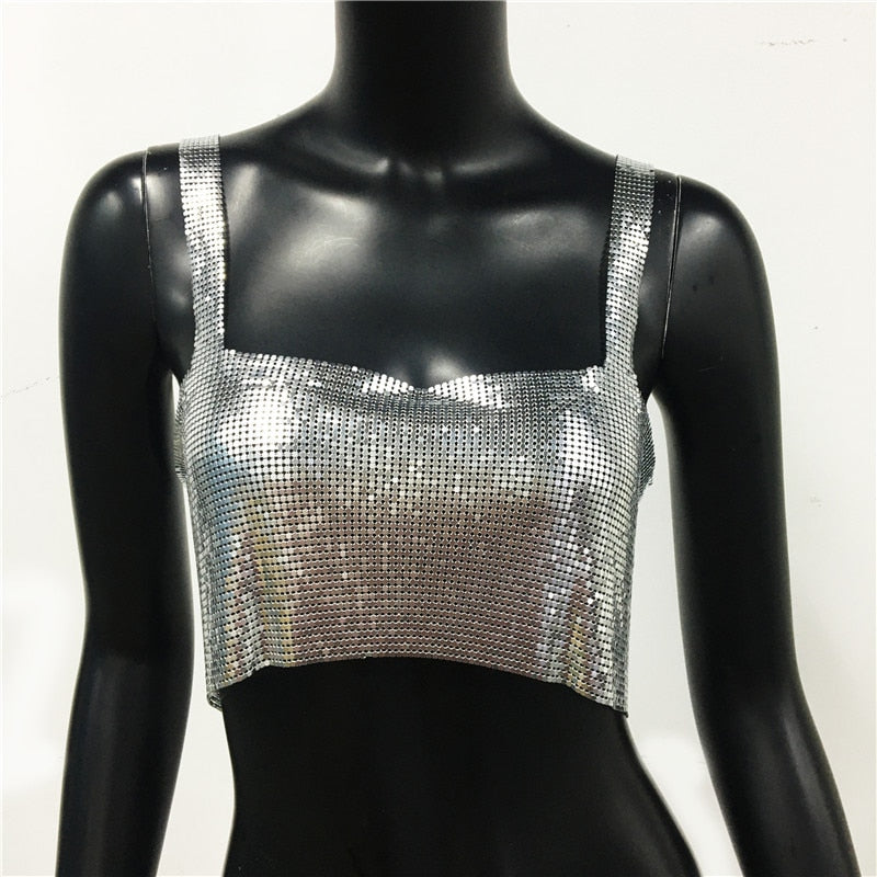 Sexy Metal Sequin Tank Top For Women y2k Summer Beach Backless Crop Top Rave Festival Club Outfits Camisole Sliver One Size
