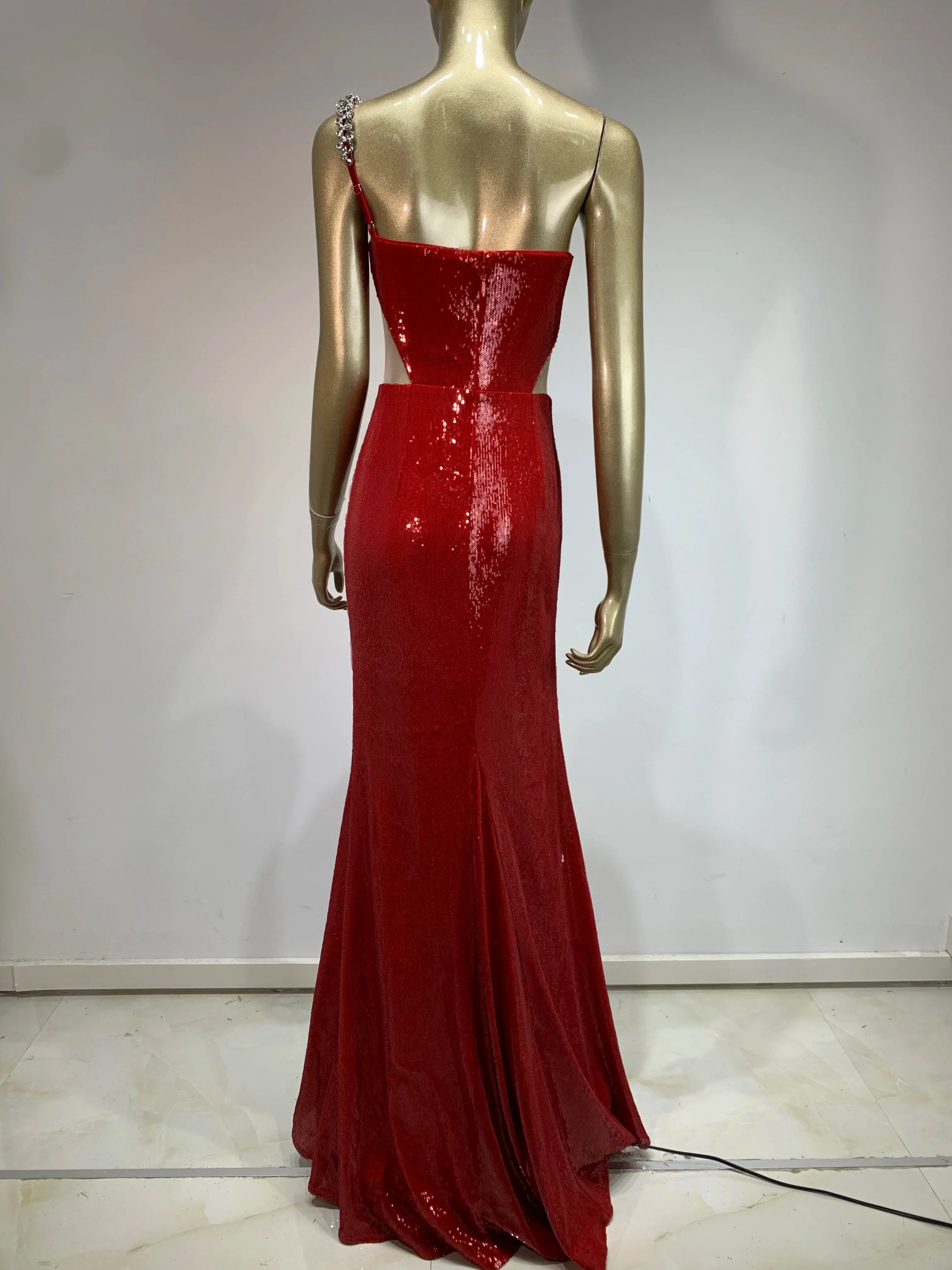 Sexy One Shoulder Cut Out Red Mesh Sequins Red Maxi Long Women Celebrity Dress Elegant Party Evening Club Vestido
