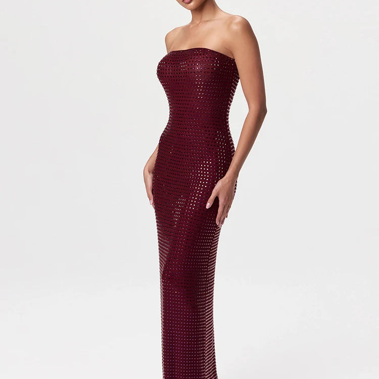 Redwine Beaded Strapless Long Maxi Dress For Women Elegant Sleeveless Backless Sparkle Crystals Bodycon Cocktail Evening Gown
