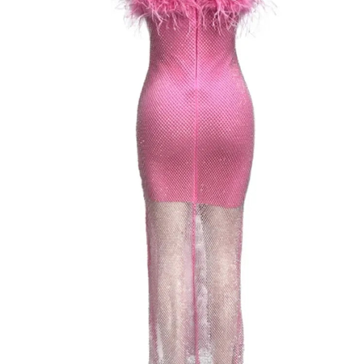 Women Sexy Strapless Ostrich Feathers Pink Crystal Bodycon Bandage Dress 2024 High Street Shineing Split Party Dress Vestido