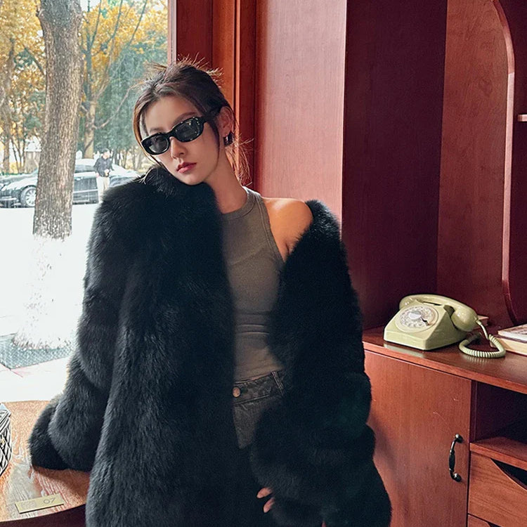 Autumn Winter Black Thick Warm Soft Hairy Shaggy Faux Fox Fur Coat Women Stand Collar Luxury Designer Fluffy Jacket 2024