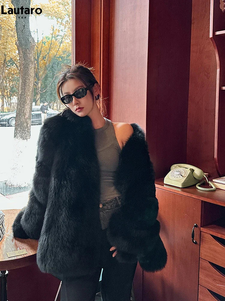 Autumn Winter Black Thick Warm Soft Hairy Shaggy Faux Fox Fur Coat Women Stand Collar Luxury Designer Fluffy Jacket 2024