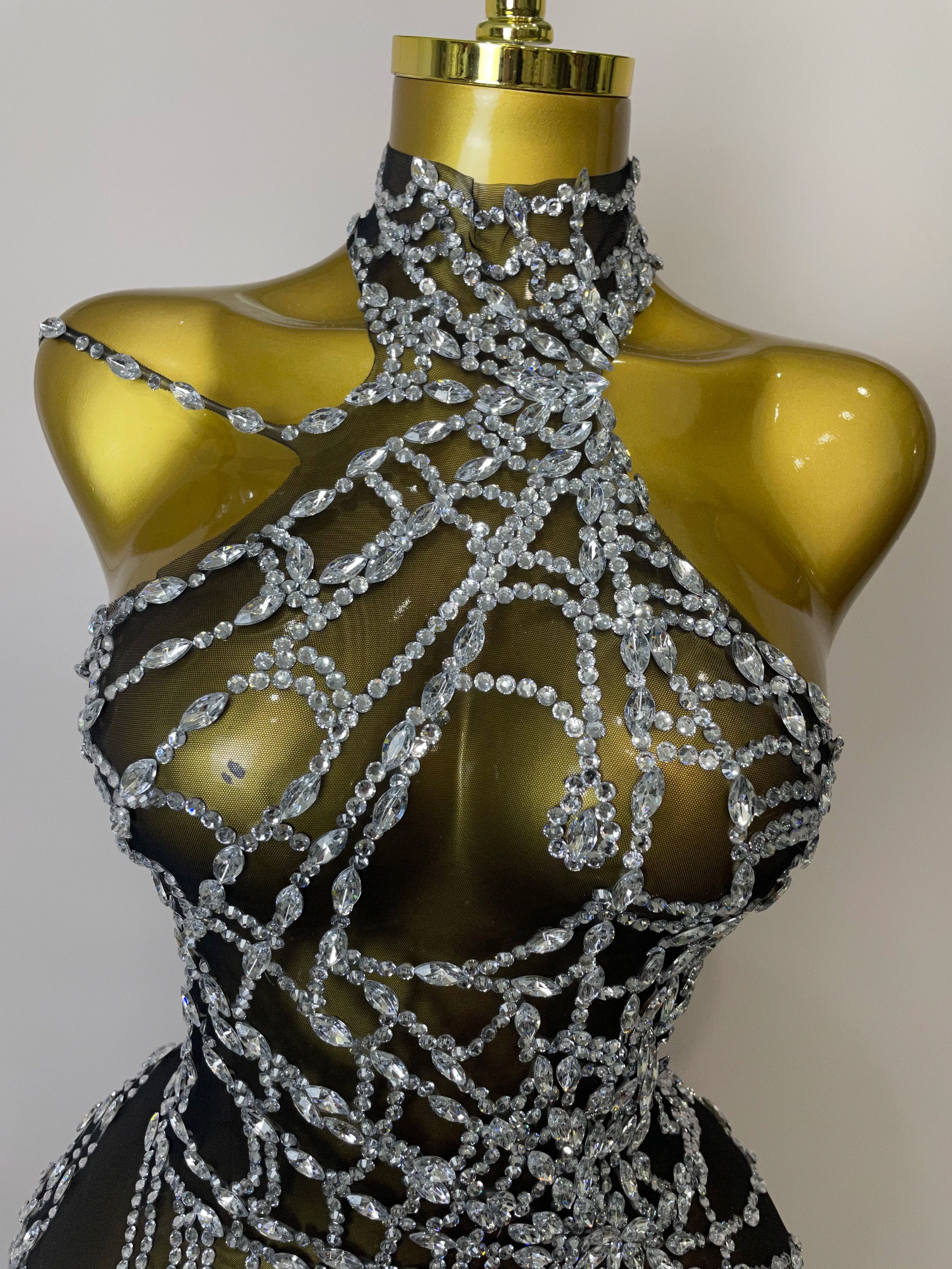 STOCK 2025Women Sparkly Diamond Sexy Mesh Jumpsuit Nightclub Bar Party Show Gogo Dancer Clothing Drag Queen Outfit Stage Costume