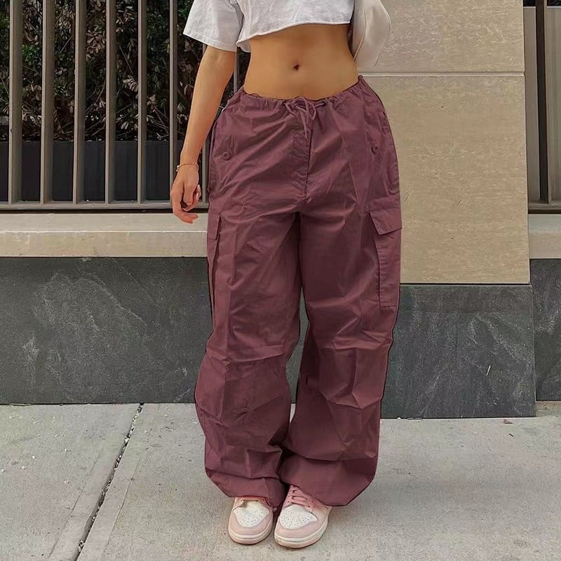  Parachute Pants for Women Baggy Cargo Pants with Pockets  Drawstring Low Waist Y2K Pants Light Baggy Jogger Relaxed Fit Straight Wide  Leg Casual Loose Pants Trousers Grunge Pants Streetwear White XS 