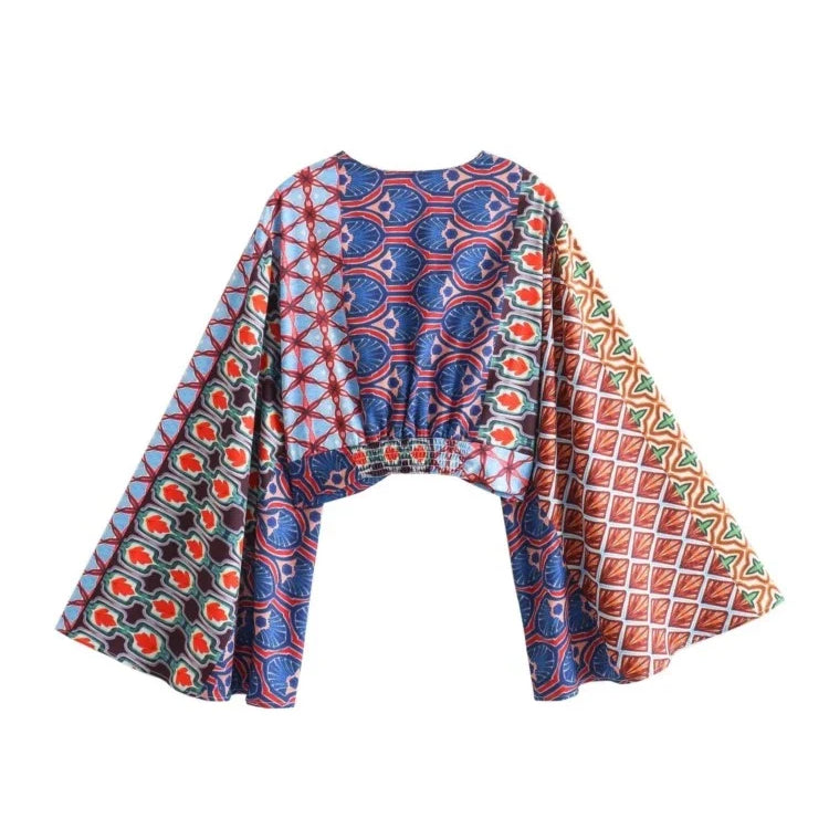 Aonibeier Printed Women Slim Shirt Wide Pants Suits Traf Summer Flare Sleeve Knot Front V Neck Crop Top Female Sets Y2K Outfits