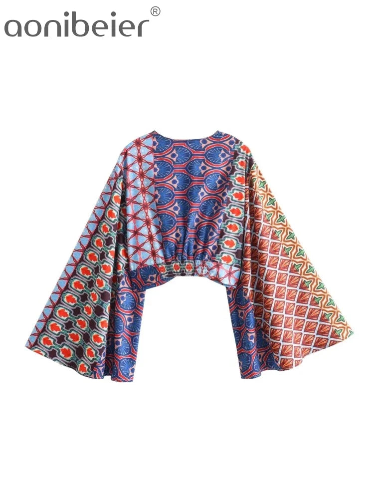 Aonibeier Printed Women Slim Shirt Wide Pants Suits Traf Summer Flare Sleeve Knot Front V Neck Crop Top Female Sets Y2K Outfits