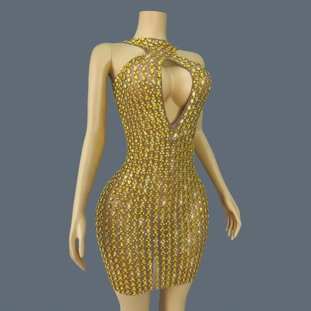 New Sexy Hollow out Mini Dress Women's Bodycon Wrap Dress Birthday Party Sparkly Golden Rhinestone Club Evening Dress liusixian