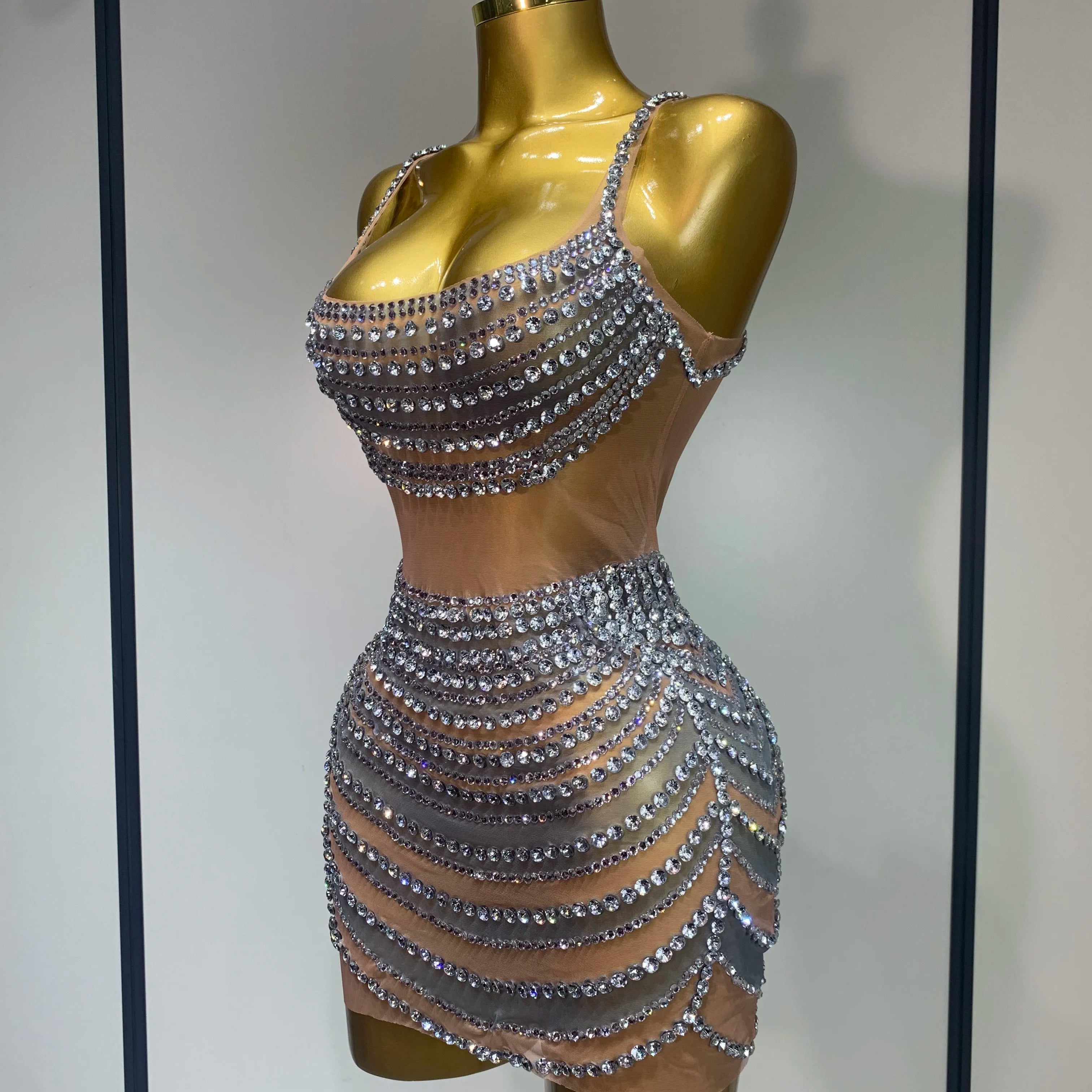 Sparkly Rhinestones Sleeveless Mini Dress Evening Birthday Celebrate Evening Party Dress Nightclub Stage Performance Costume