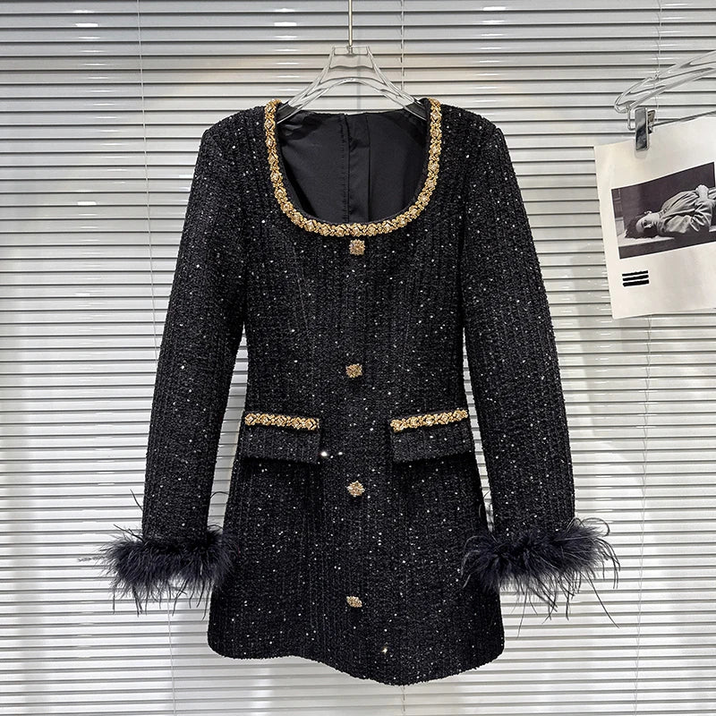Winter New Fashion High-End Gold Rhinestone Beaded Edge Waist-Cinching Tweed Dress For Women Elegant Dresses 11A07688 Black