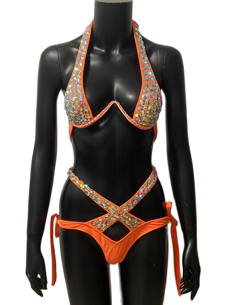 Swimwear Bikini Sets Swimsuit 2024 Summer Beach Shiny Crystal Rhinestone Padded Push Up Bikinis Set Outfits For Women