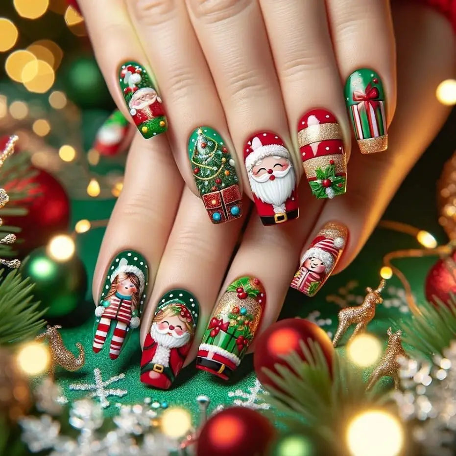 2025 Merry Chrismas Press on Nails Cute Snowman Elk Santa Claus Print Fake Nail Tips Wearable Long Coffin False Nails for Girls