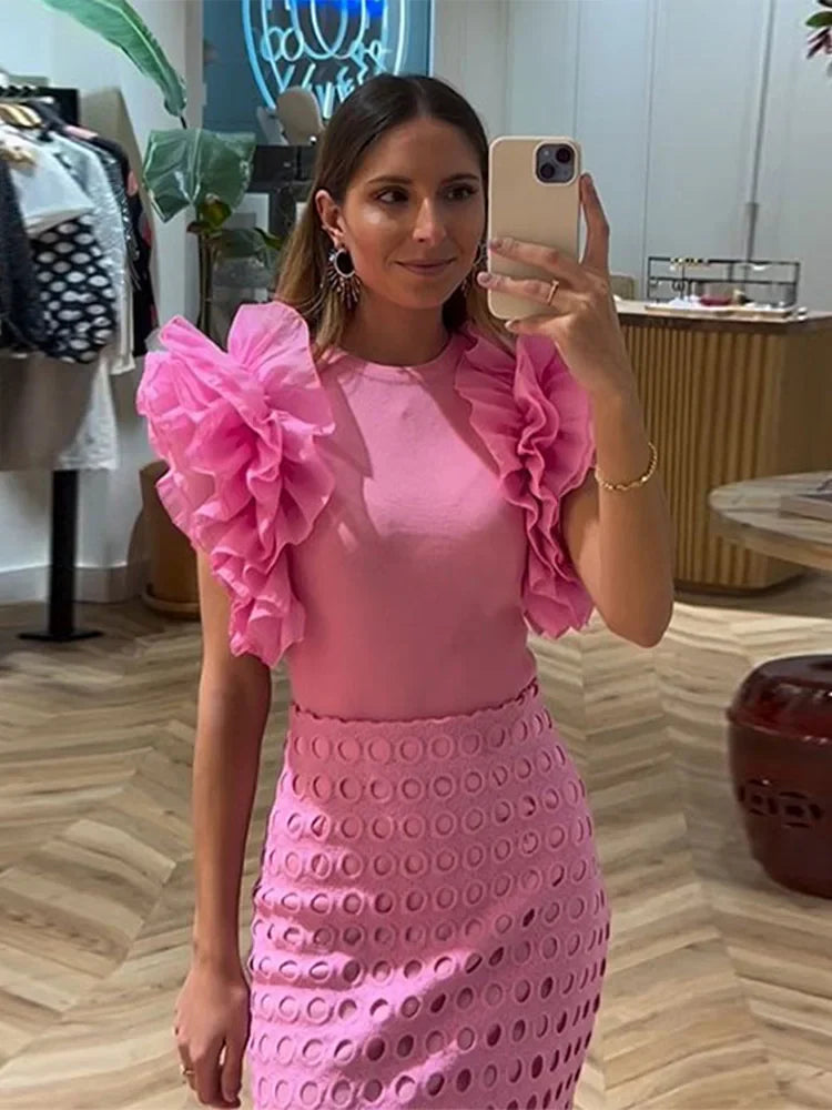 Women Elegant Pink Spliced Pleated Lace Midi Dress Chic Round Neck Sleeveless Hollow Out Robe New Lady Party Slim Vestidos
