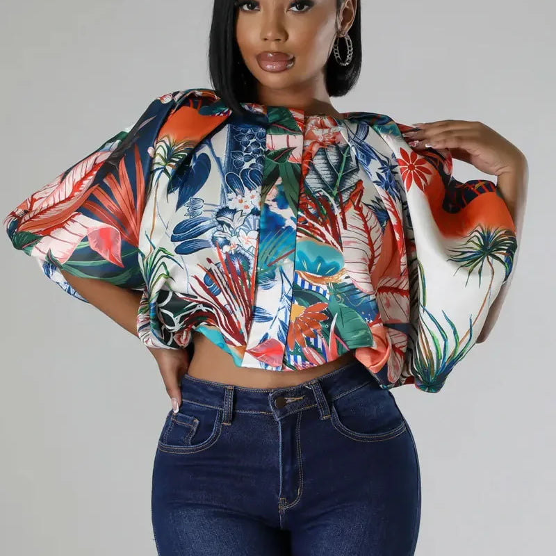 Summer Street Women Shirts Fashion Ruched Short Puff Sleeve Mini Blouse 2024 Street Print Casual Holiday Shirts Tops