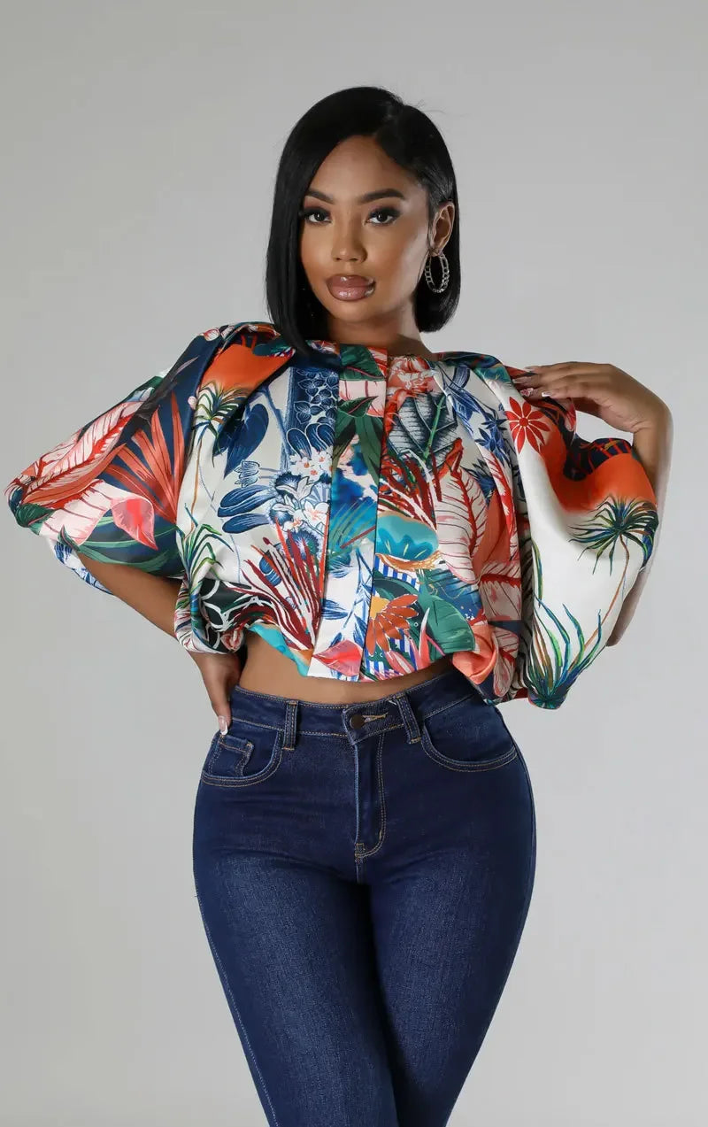 Summer Street Women Shirts Fashion Ruched Short Puff Sleeve Mini Blouse 2024 Street Print Casual Holiday Shirts Tops