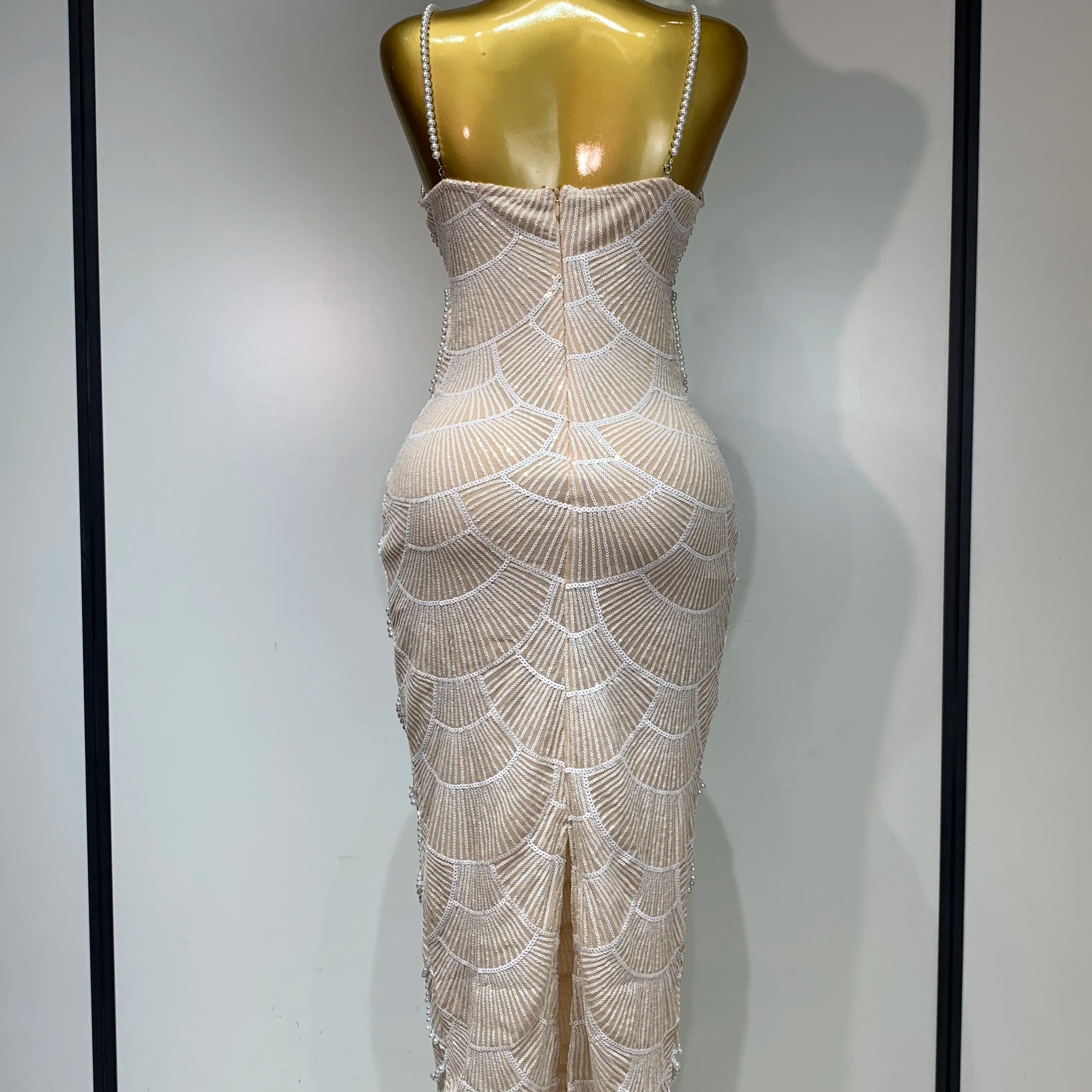 Women Sexy V Neck Pearl Beading Cut Out Maxi Long Bodycon Prom Gowns Dress Luxury Birthday Elegant Evening Party Club Dress