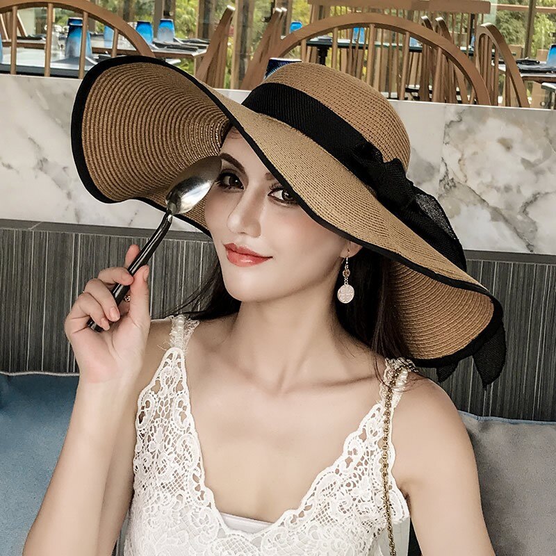 Seaside Photo Beach Straw Hat Children Summer Large Brim Sunscreen Shading Simple Fashion Large Brimmed Hat Sun Hat Beach Hat Black edged khaki Adjustable 55 60cm