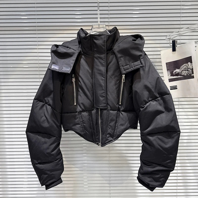 Winter New Fashion Zipper Fishbone Waist-Cinching Warm Hooded Jacket For Women High Street Cotton-padded Coat 11A07495 Black