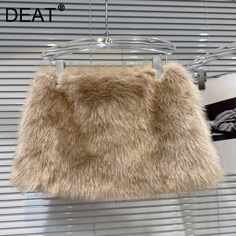 Winter New Fashionable Faux Fur Furry Short Skirt For Women High Waist A-line Wrapped Hip Mini Skirts Female 11A07678