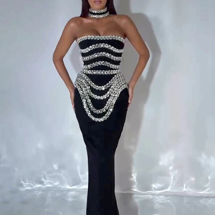 Black Strapless Long Dress Diamonds Embellished Bodycon Bandage Prom Celebrity Party Evening Gowns Dropshipping