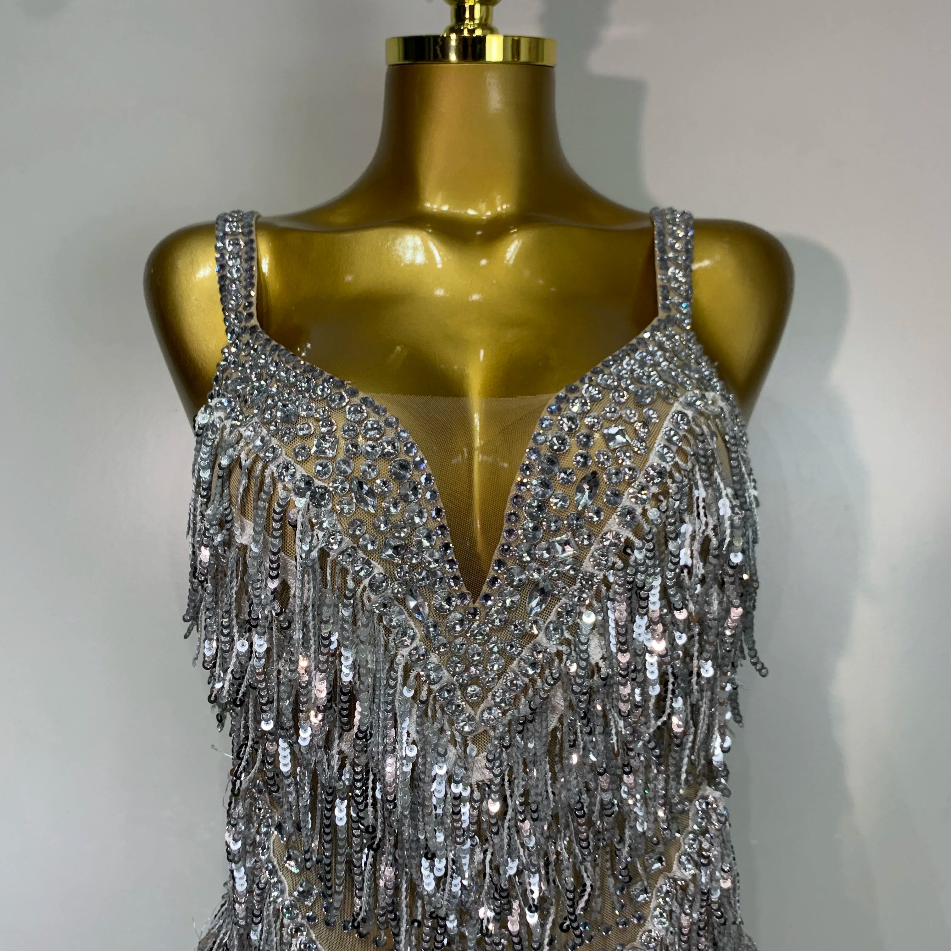 Sparkly Rhinestone Tassel Sexy Backless Mesh Bodysuit Women Luxury Birthday Party Nightclub Bar Dencer Stage performance Costume