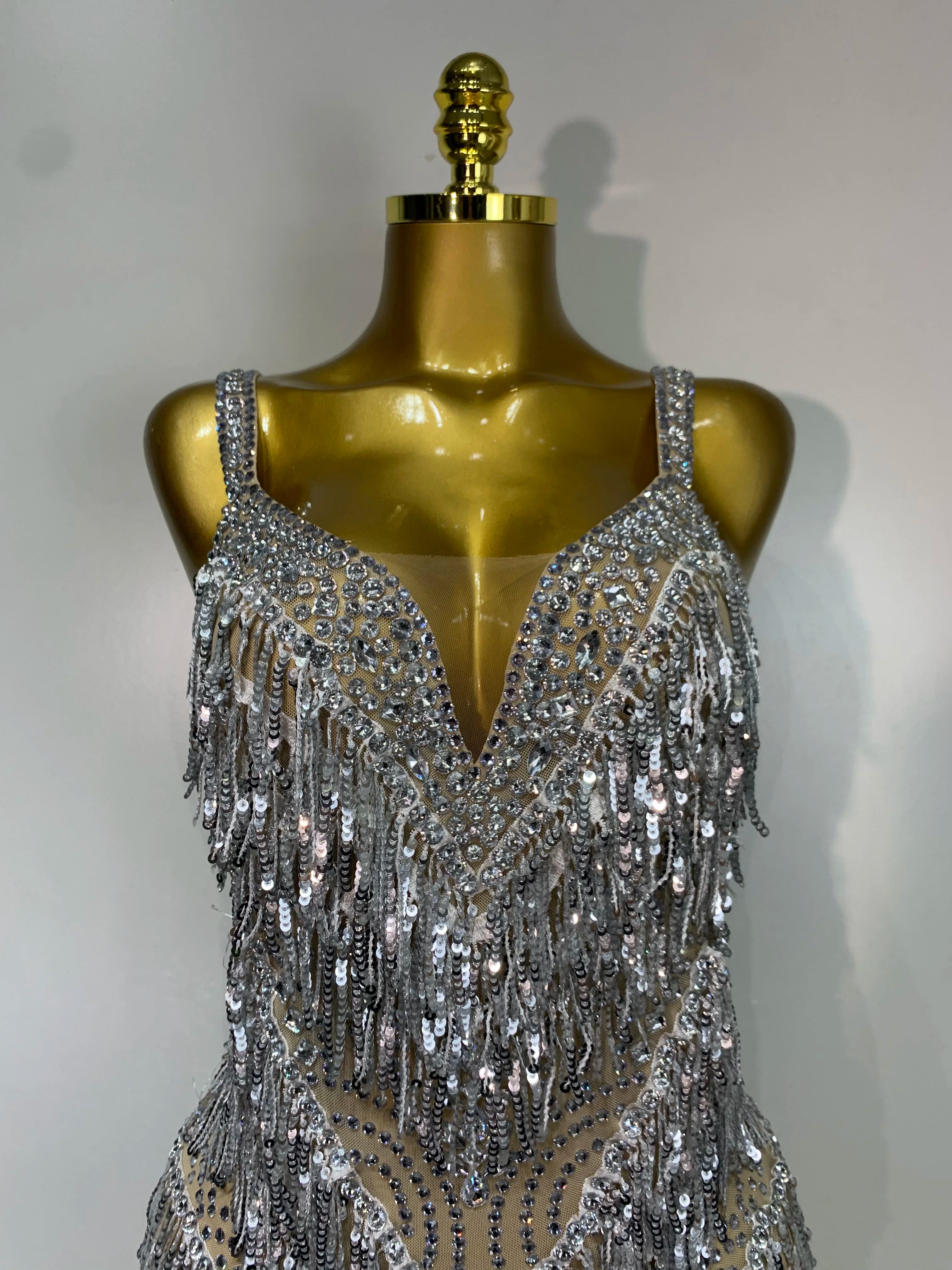 Sparkly Rhinestone Tassel Sexy Backless Mesh Bodysuit Women Luxury Birthday Party Nightclub Bar Dencer Stage performance Costume