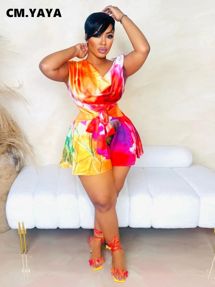 Women Tie Dye Print Beach Sleeveless V-neck Sashes Sexy Party Club Playsuits Jumpsuit 2025 Summer One Piece Suit Rompers